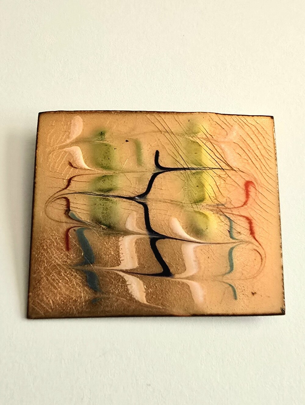 Vintage copper brooch enamel pin marbled yellow blue red pink green